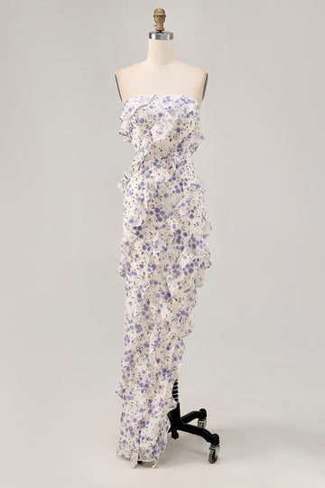Blue Floral Sheath Strapless Ruffled Bridesmaid Dress